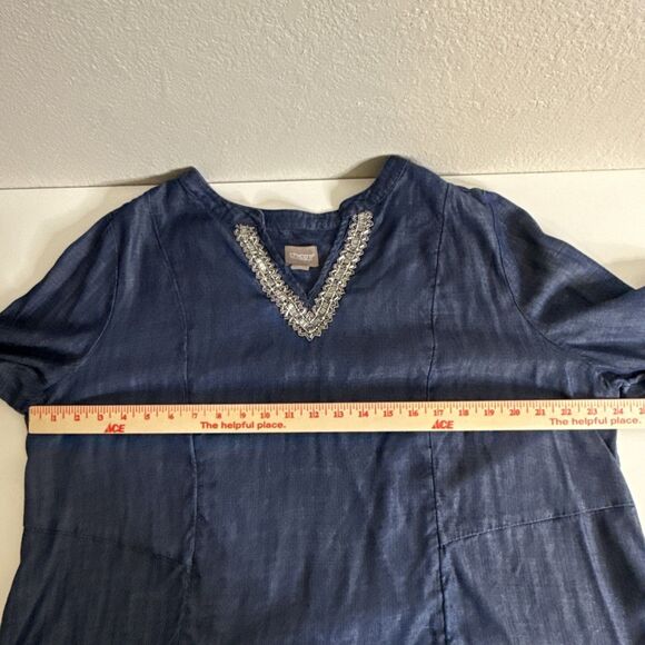 Chico's Size 3 XL Embellished Beaded Denim Tunic Top Shirt Blue Tencel Chambray - Picture 6 of 13
